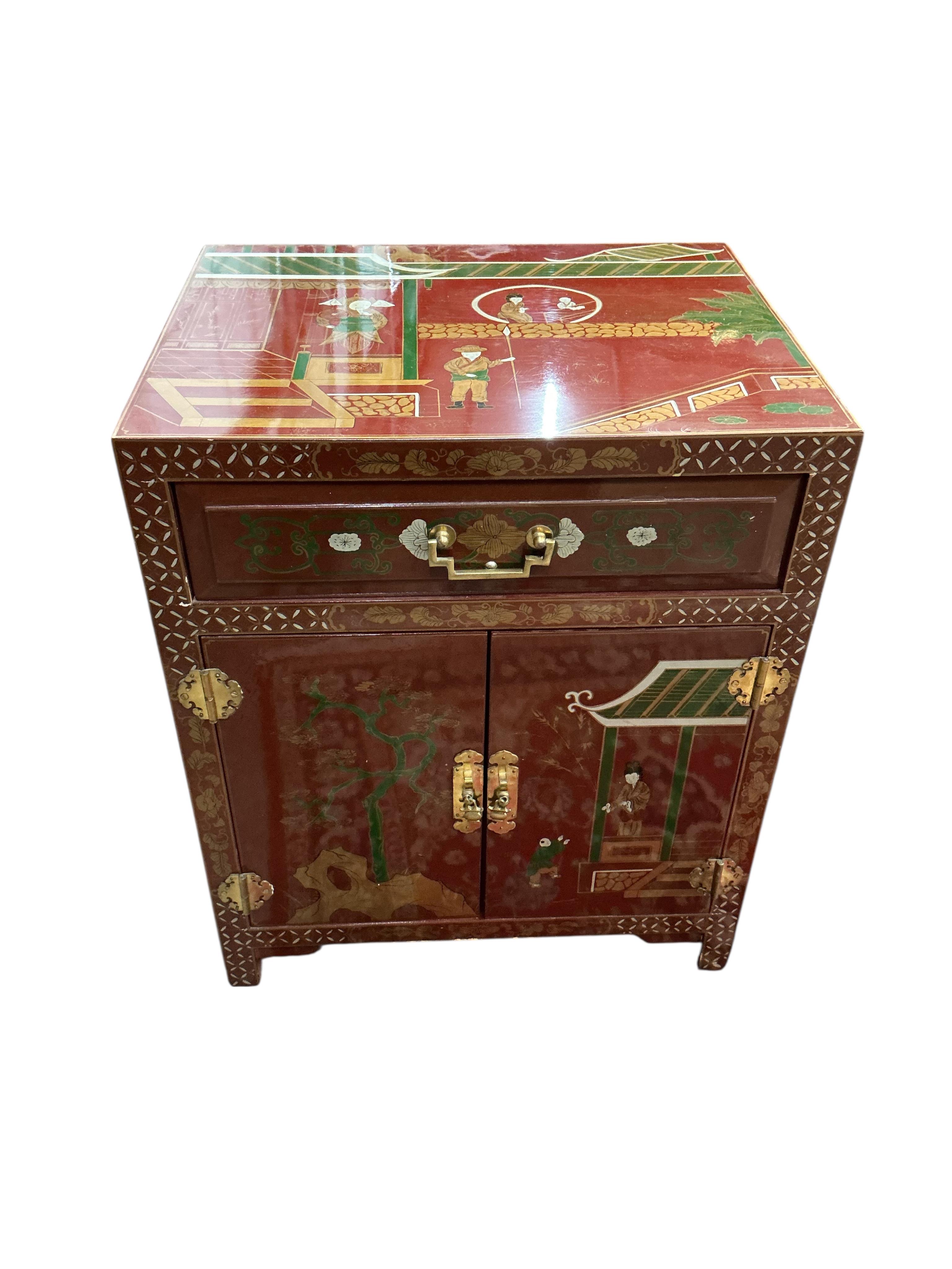 A pair of Chinese scarlet lacquer bedside chests, width 50cm, depth 40cm, height 61cm
